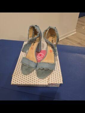 Frayed Denim High Heel Sandals - Light Blue